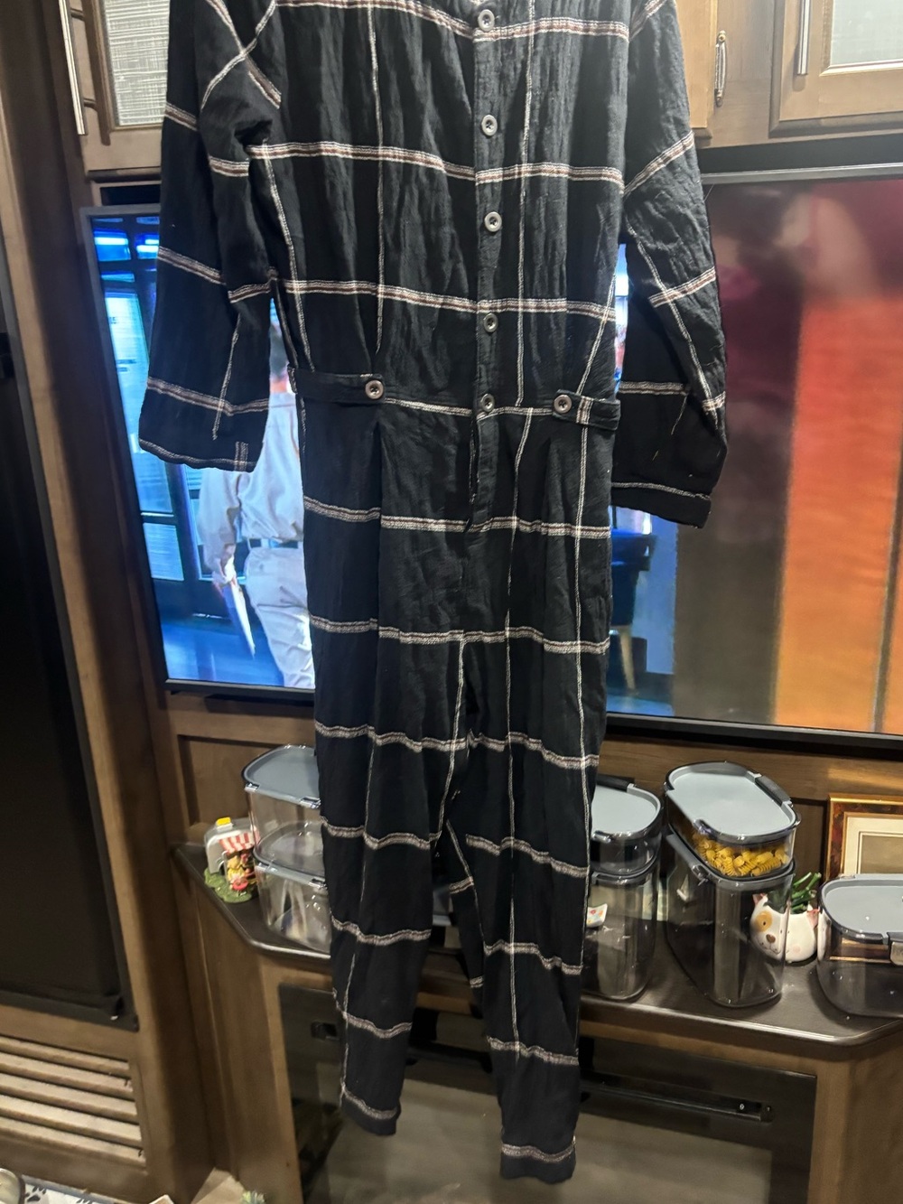 Free People Black Plaid Button-Front Jumpsuit